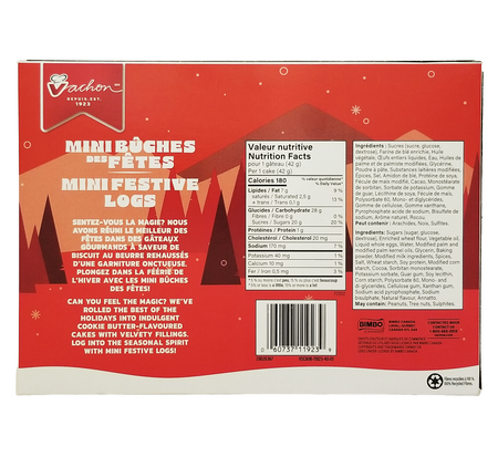 Back of Vachon Cookie Butter Flavored Mini Festive Logs, Sponge Snack Cakes, 250g package with festive design and text, featuring nutrition facts and ingredients.