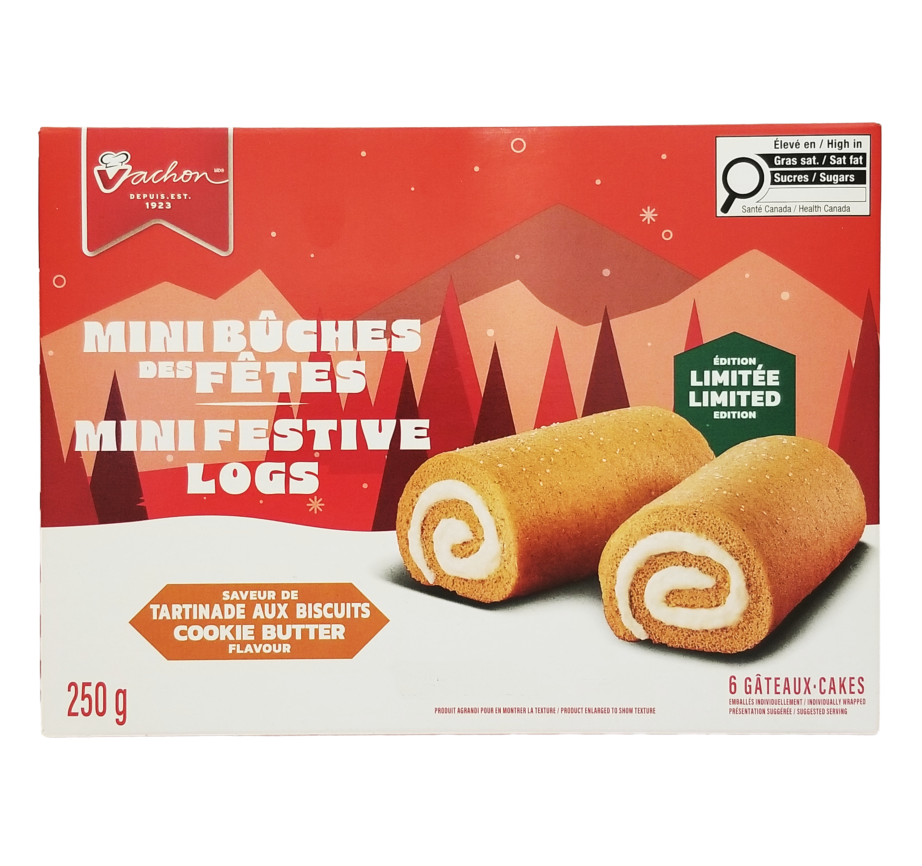 Box of Vachon cookie butter festive logs - 250g with mountain and tree design on a white background