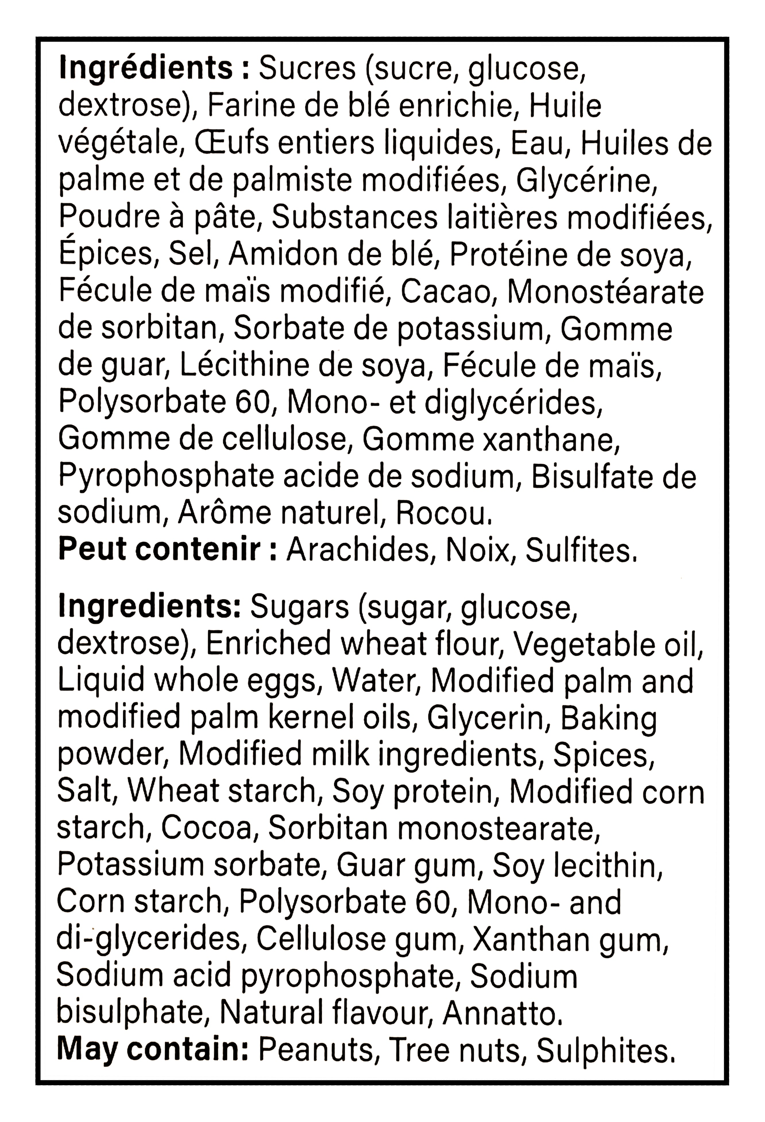 List of ingredients for Vachon Cookie Butter Flavored Mini Festive Logs, Sponge Snack Cakes, 250g with allergen warnings on a black background