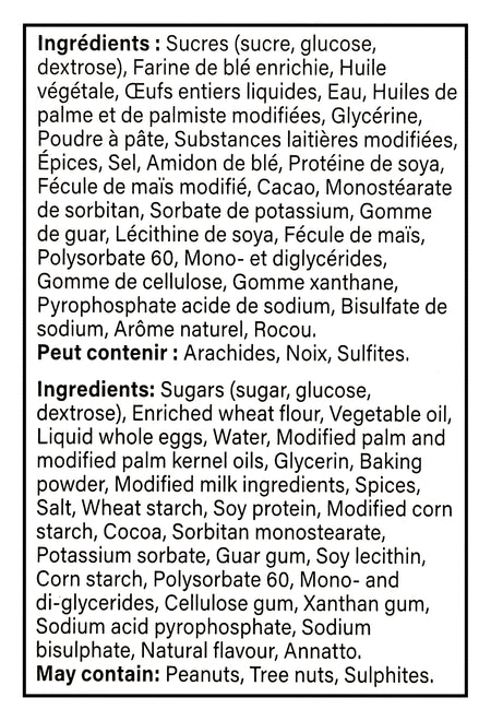 List of ingredients for Vachon Cookie Butter Flavored Mini Festive Logs, Sponge Snack Cakes, 250g with allergen warnings on a black background