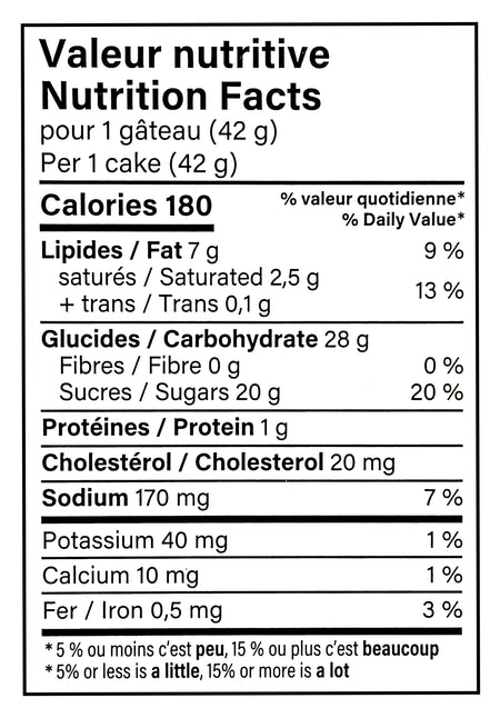 Nutrition facts label for Vachon Cookie Butter Flavored Mini Festive Logs, Sponge Snack Cakes, 250g, showing calories, macronutrients, and micronutrients per serving.