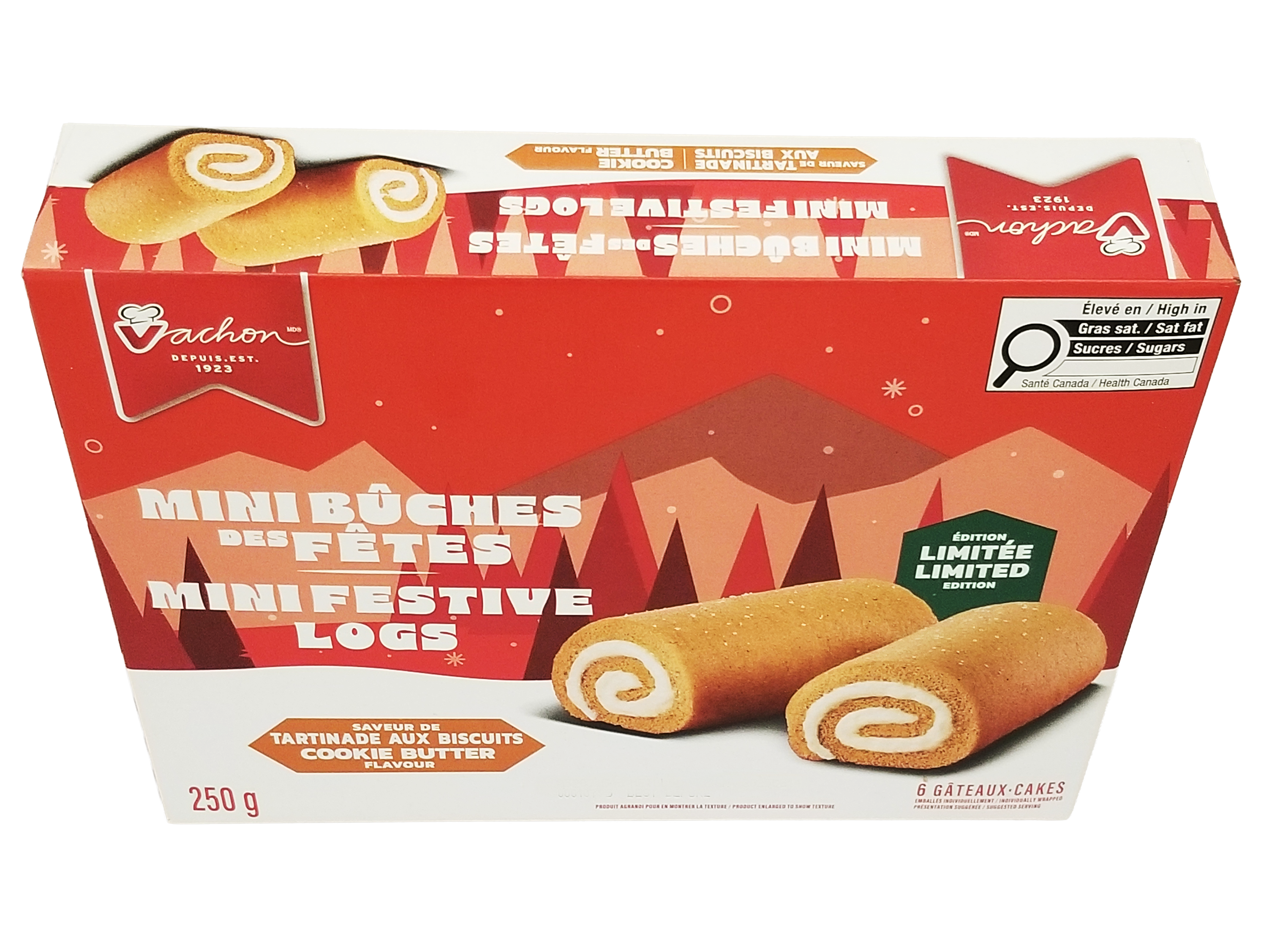 Box of Vachon Mini Buches - 250g with a red and white design featuring cookies.