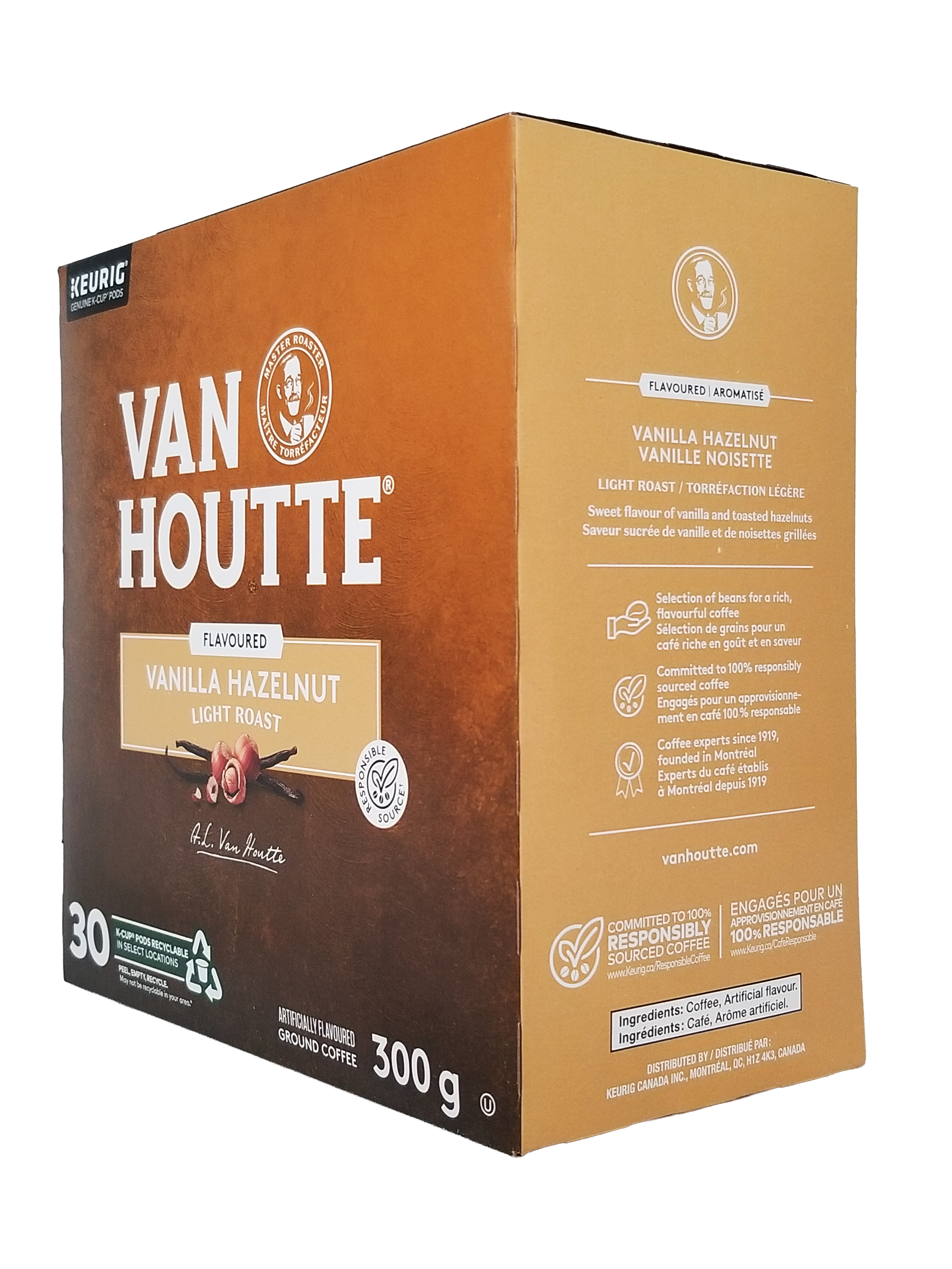 Van Houtte Vanilla Hazelnut coffee box on a white background