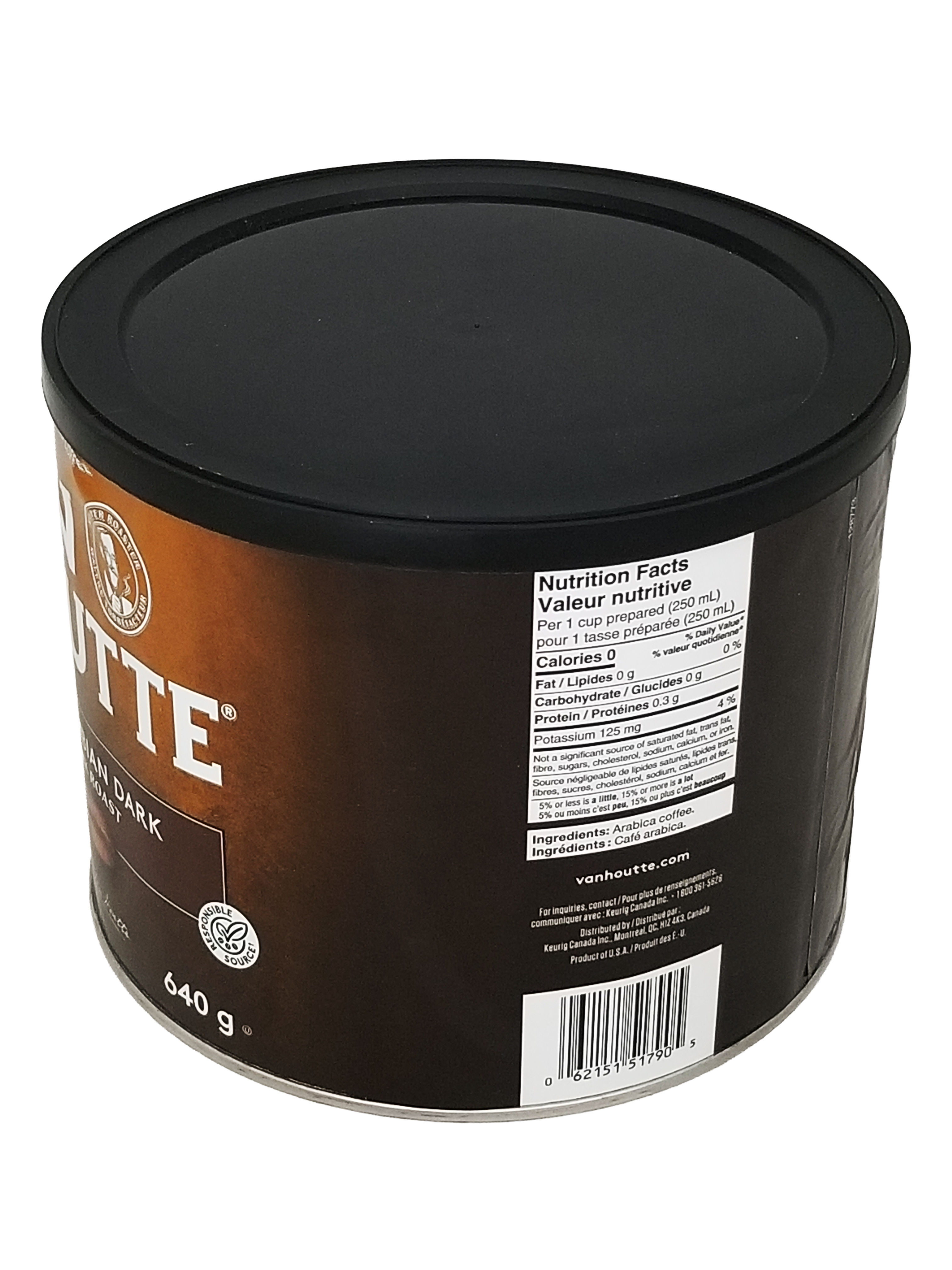Can of coffee with a black lid on a white background