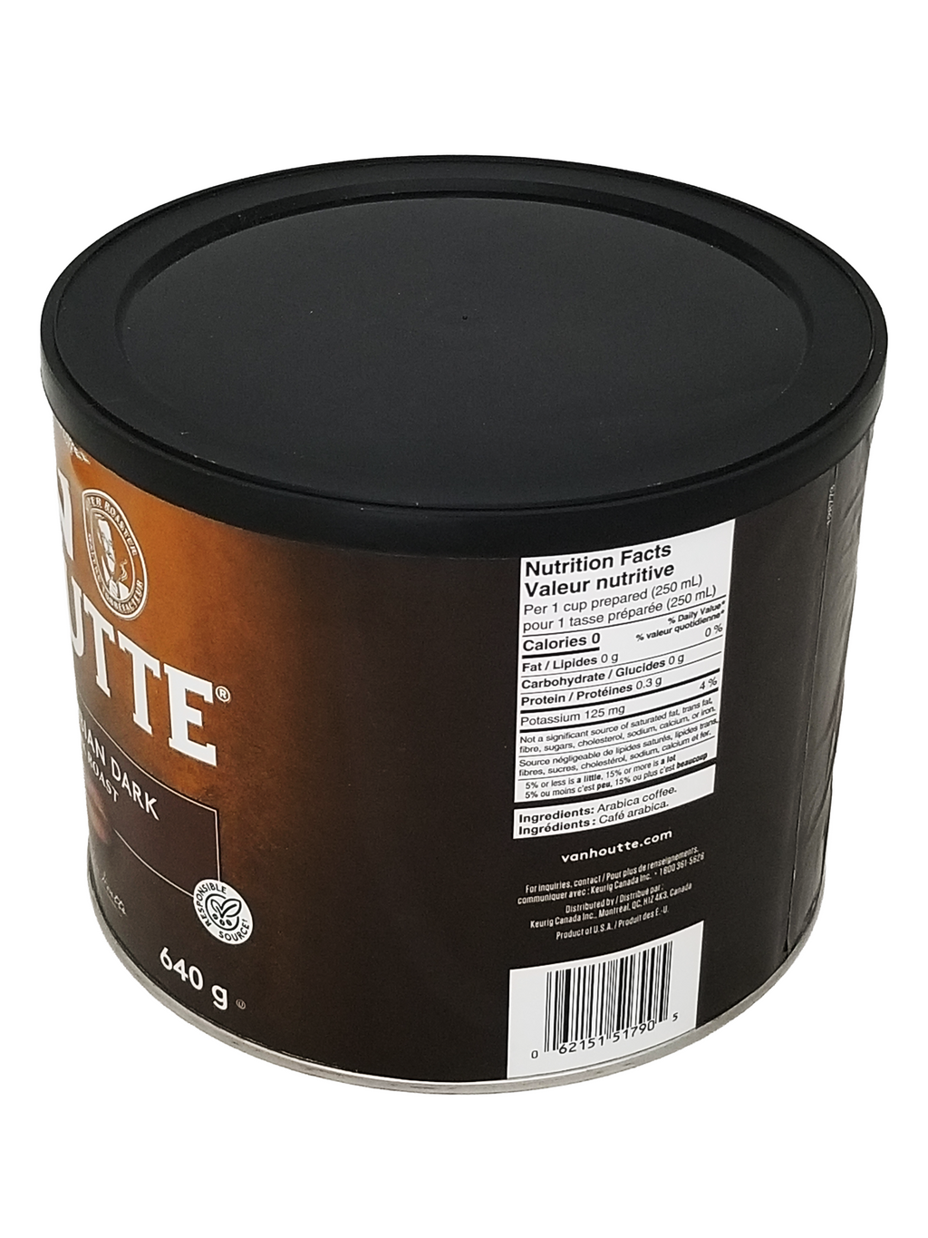Can of coffee with a black lid on a white background