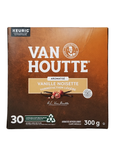 Van Houtte coffee capsule box with vanilla hazelnut flavor on a white background