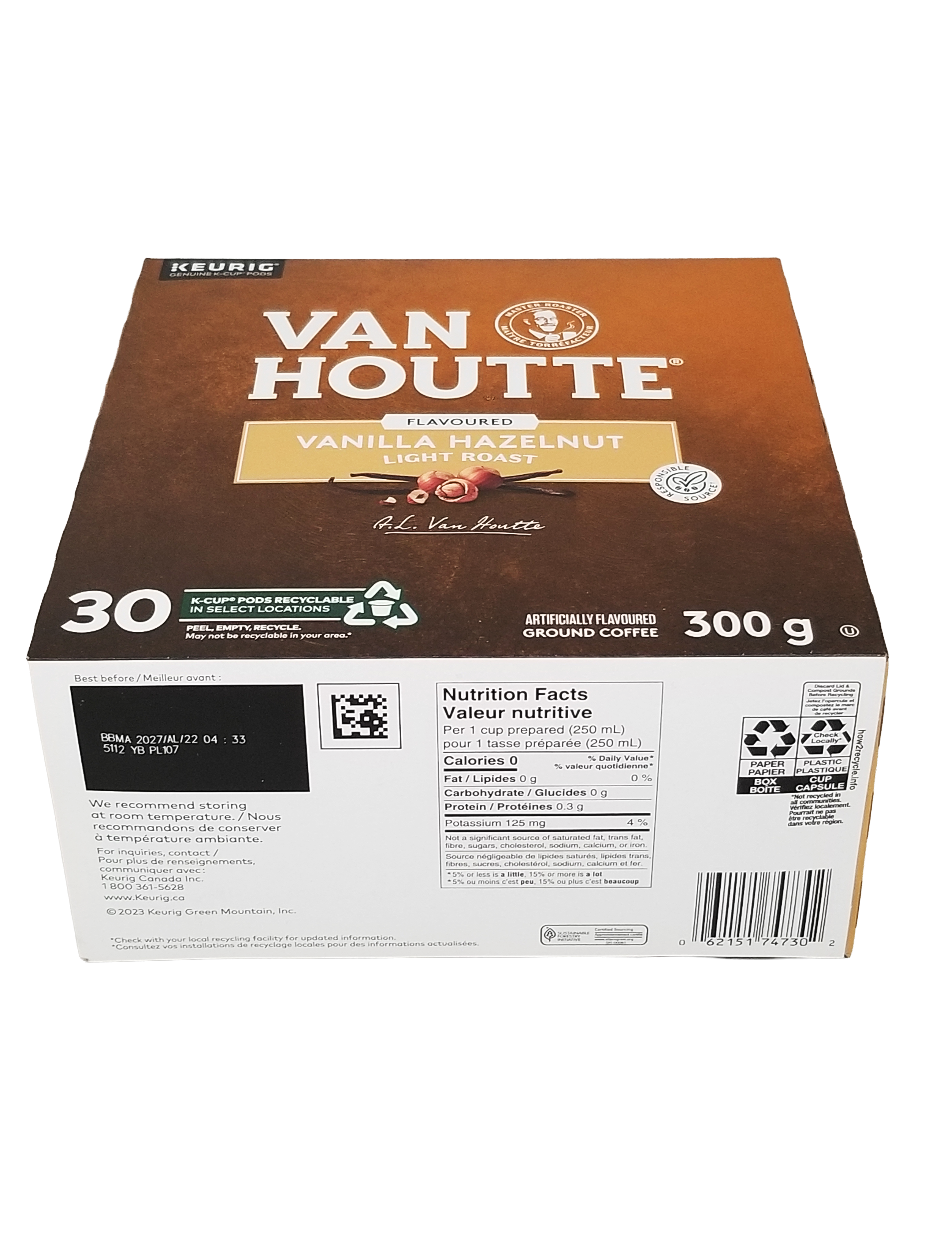 Van Houtte coffee package with vanilla hazelnut flavor on a white background