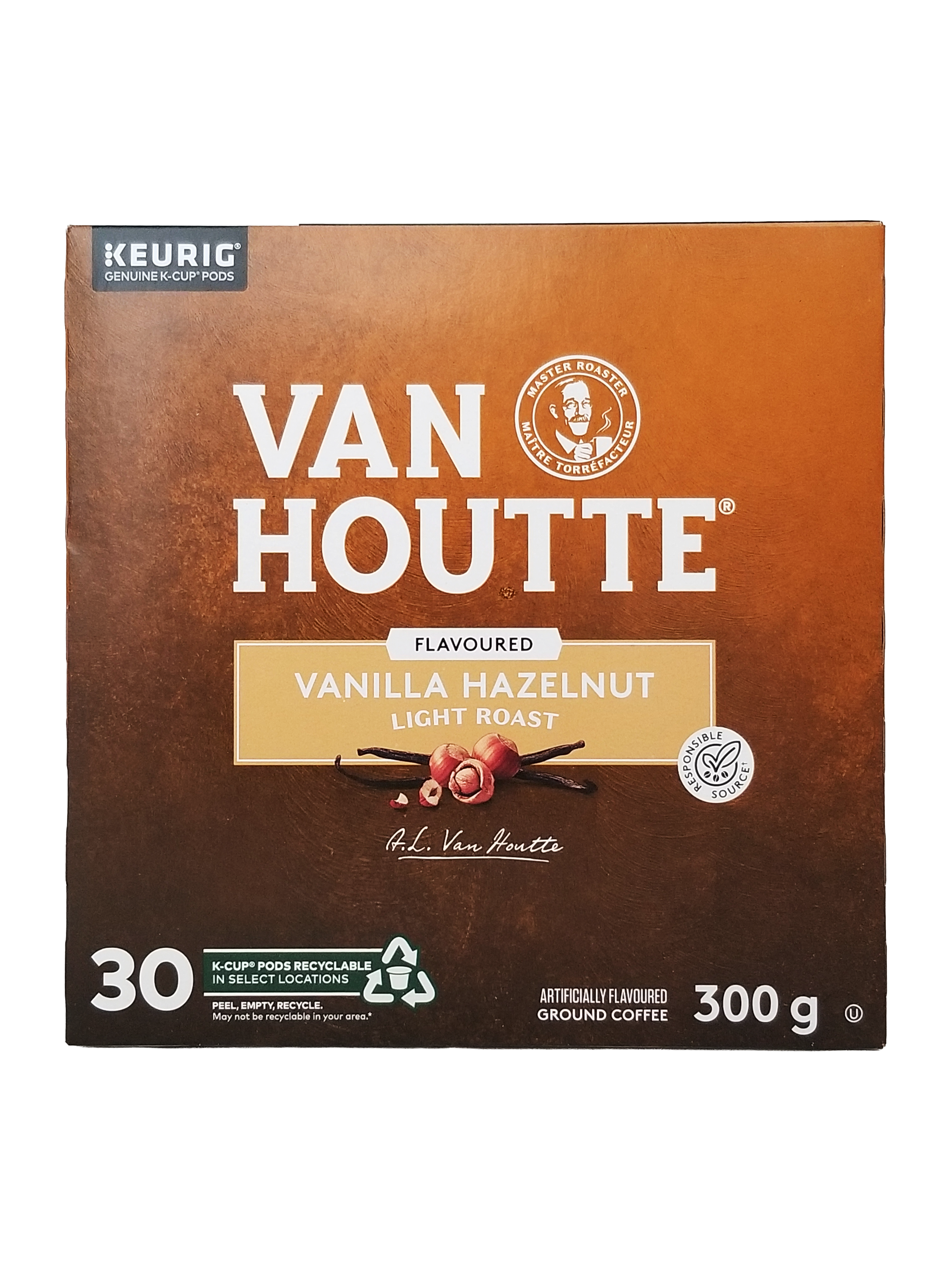 Van Houtte Vanilla Hazelnut coffee package on a white background