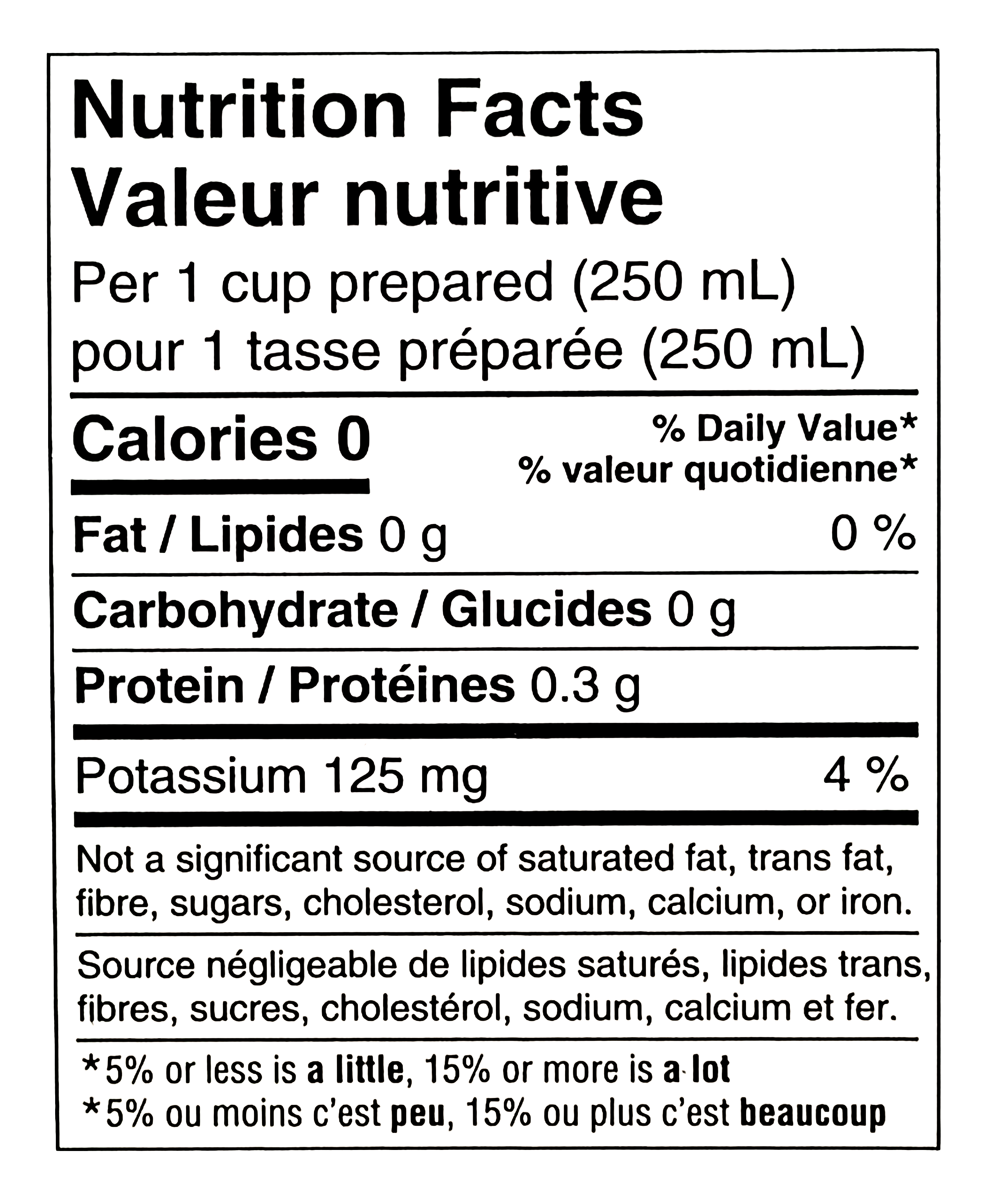 Nutrition facts label for Van Houtte Vanilla Hazelnut Coffee, Light Roast, 30 K-Cups with 250 mL serving size