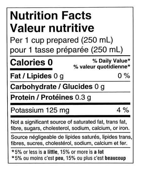 Nutrition facts label for Van Houtte Vanilla Hazelnut Coffee, Light Roast, 30 K-Cups with 250 mL serving size