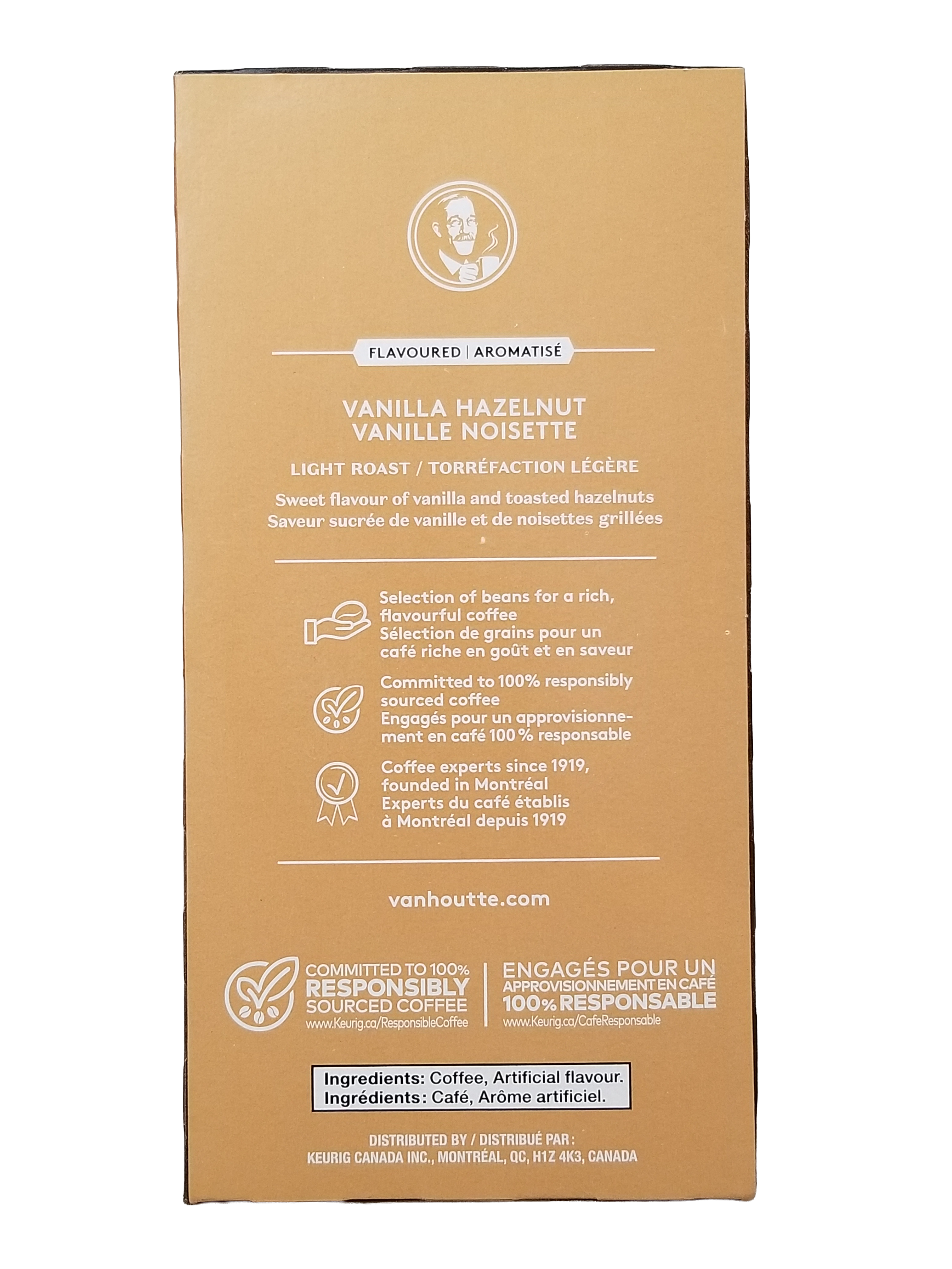 Vanilla hazelnut coffee packaging with brand logo and text on a white background