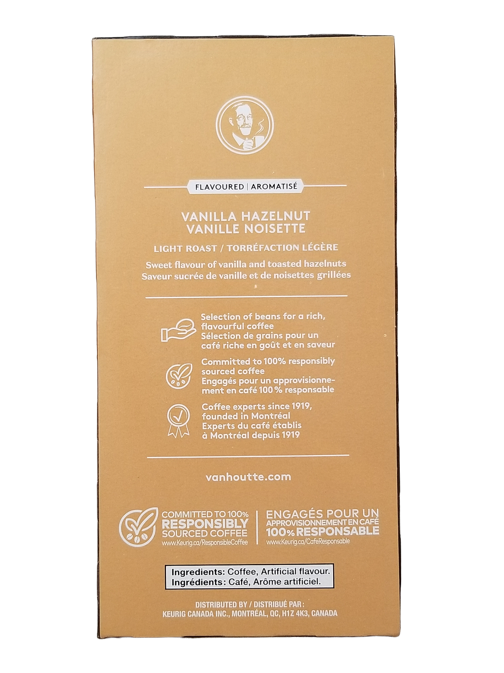 Vanilla hazelnut coffee packaging with brand logo and text on a white background