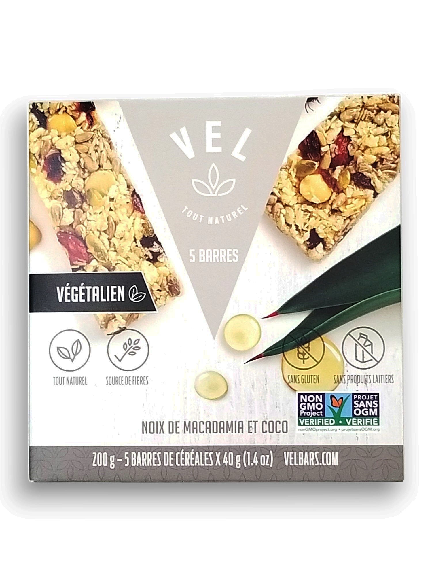 VEL All Natural, Vegan Macadamia & Coconut Bars, 5 x 40g, 200g, back of box.