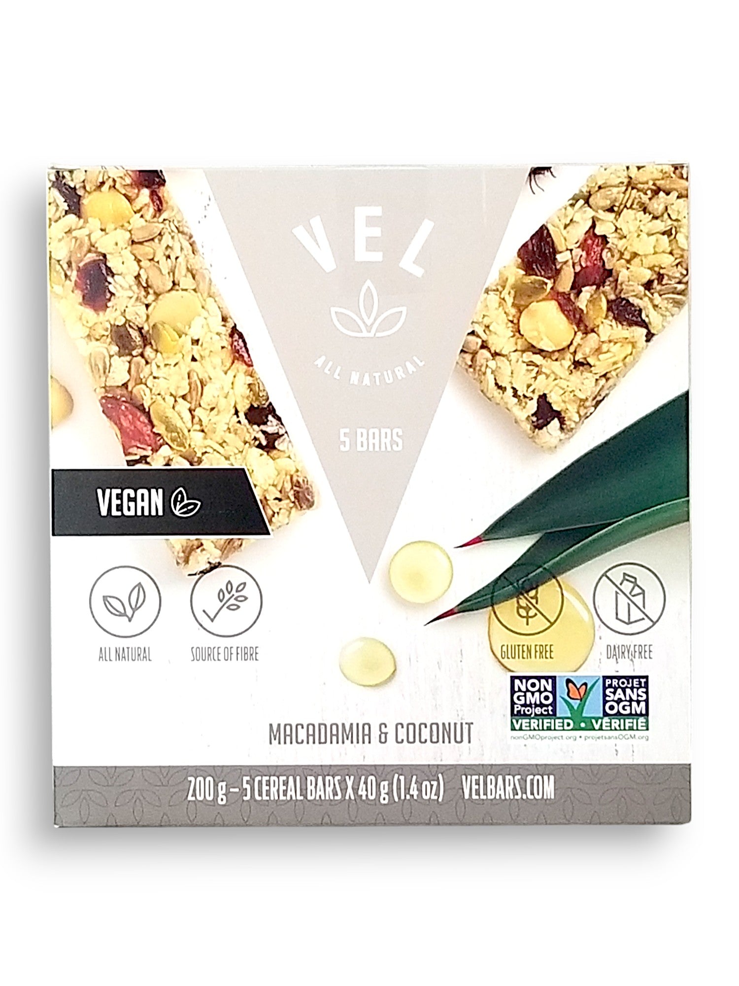 VEL All Natural, Vegan Macadamia & Coconut Bars, 5 x 40g, 200g, front of box.