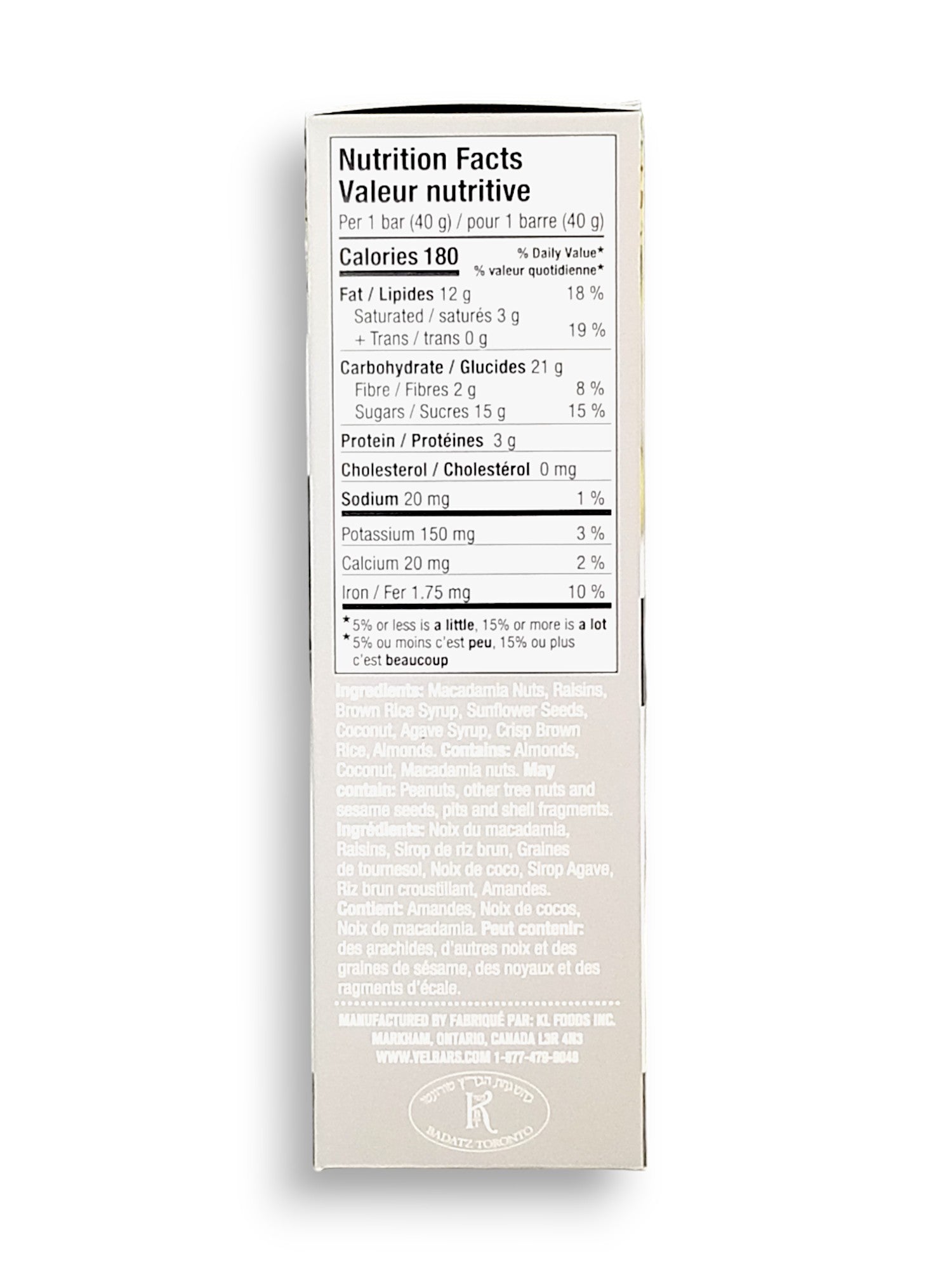 VEL All Natural, Vegan Macadamia & Coconut Bars, 5 x 40g, 200g, side of box.