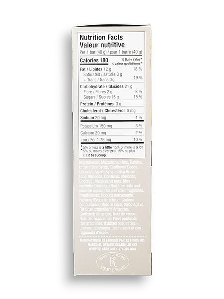VEL All Natural, Vegan Macadamia & Coconut Bars, 5 x 40g, 200g, side of box.