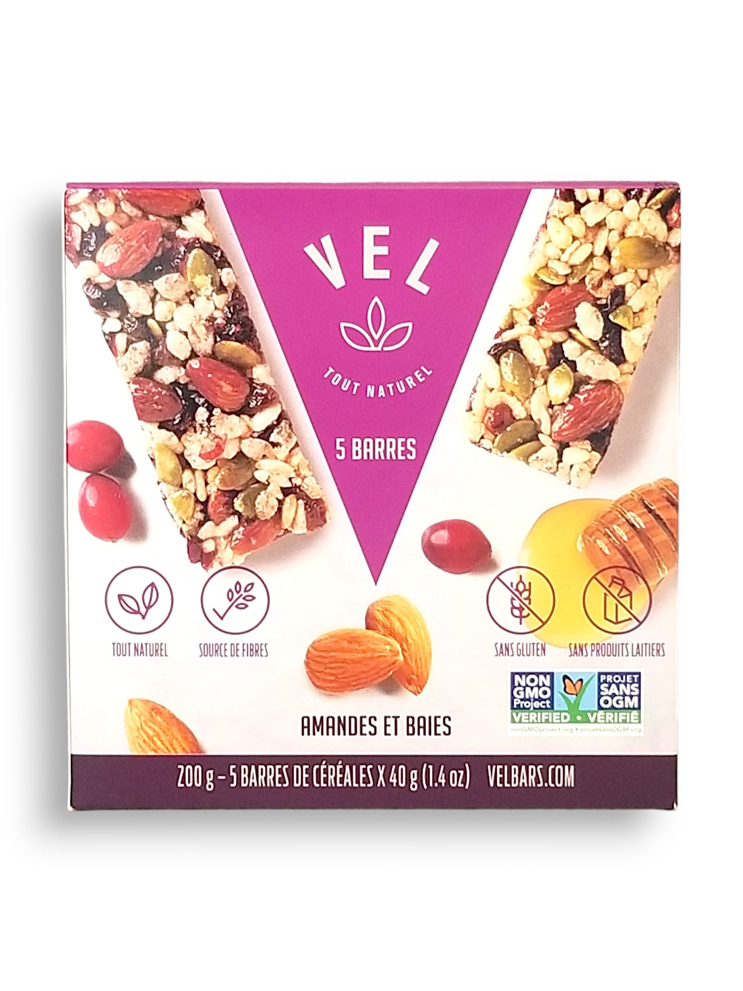 VEL All Natural Almond Berry Bars, 5 x 40g, 200g, back of box.