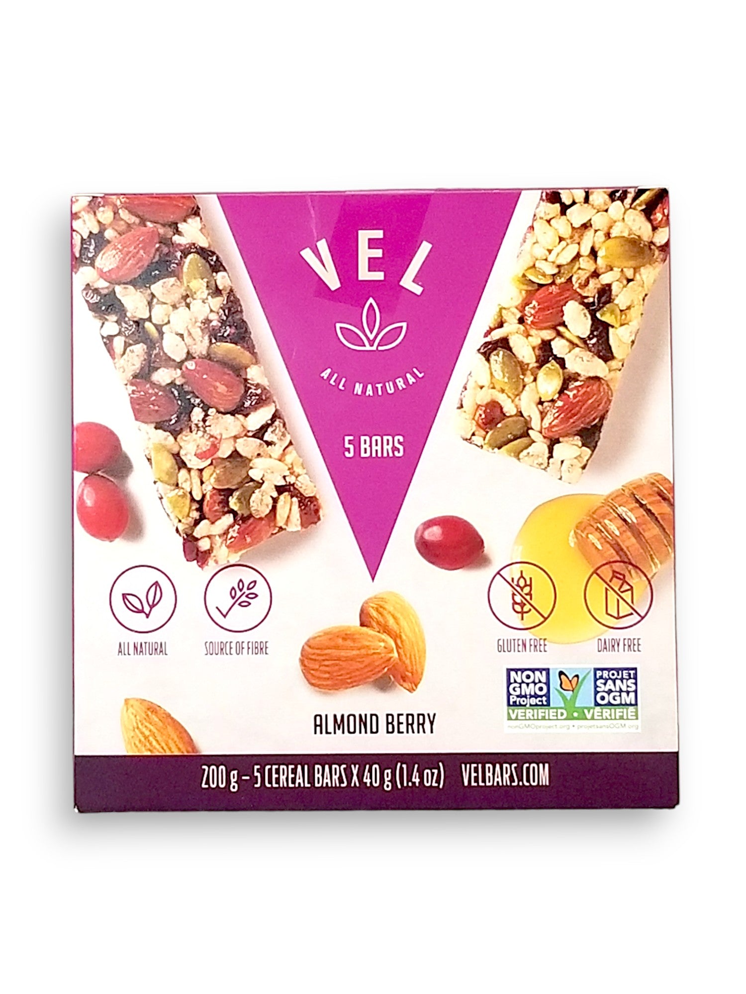 VEL All Natural Almond Berry Bars, 5 x 40g, 200g, front of box.