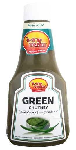Verka Green Chutney, Coriander and Green Chilli Sauce, 400g/14 oz. Bottle {Imported from Canada}