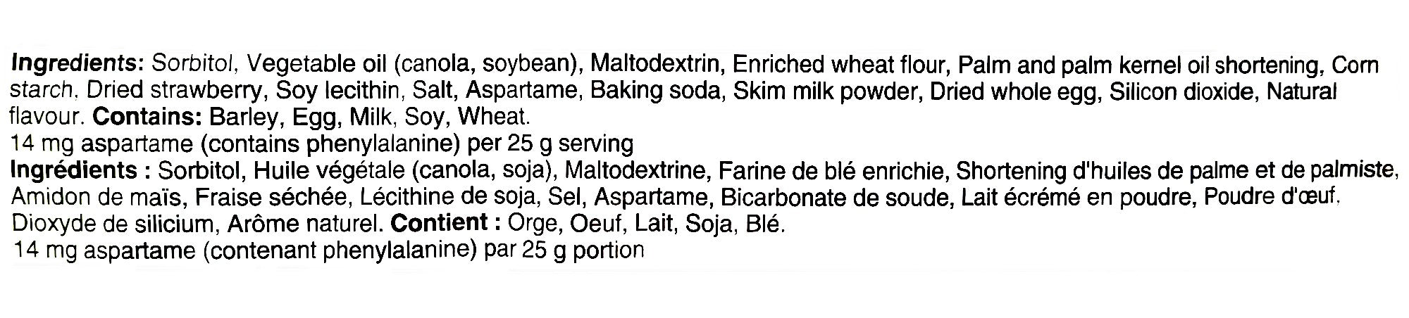 Voortman No Sugar Added Strawberry Flavored Wafers, 250g, ingredients label.