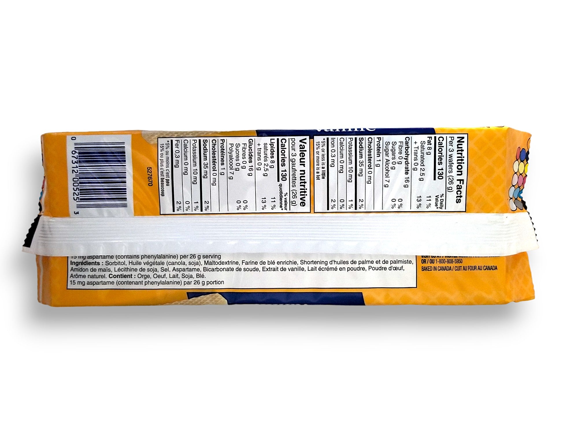 Voortman No Sugar Added Vanilla Flavored Wafers, 250g/8.8 oz. Package, back of package.