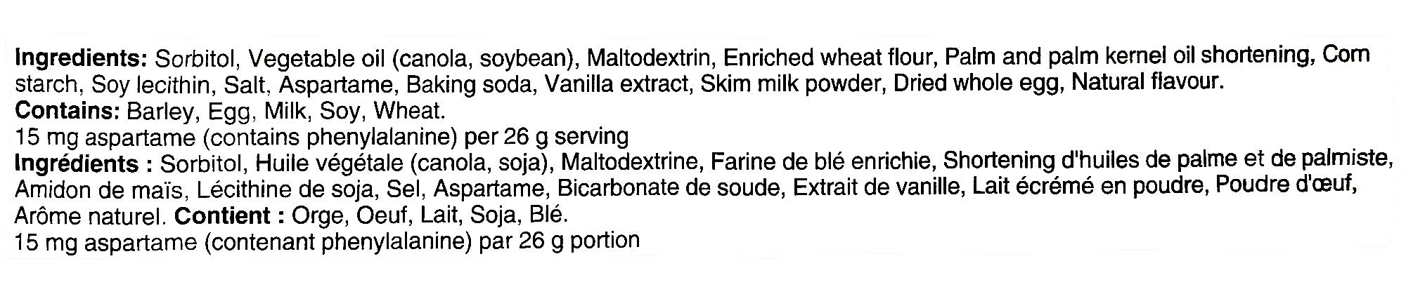 Voortman No Sugar Added Vanilla Flavored Wafers, 250g/8.8 oz. Package, ingredients label.
