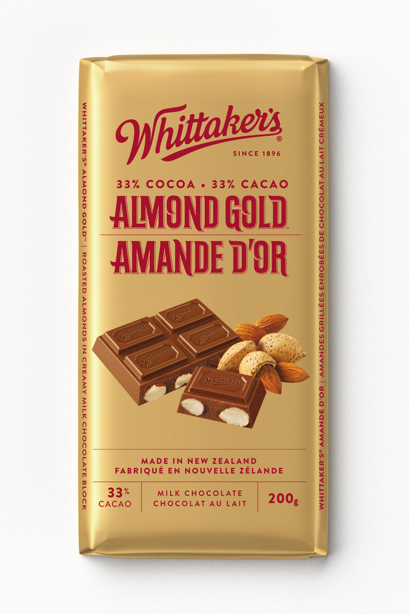 Whittaker's 33% Cocoa Almond Gold Milk Chocolate Bar, 200g/7 oz. Bar