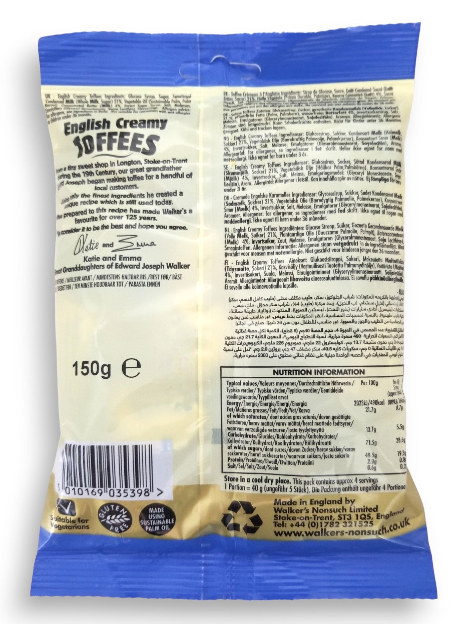 Walker's Nonsuch English Creamy Toffees, 150g/5.3 oz., Bag, back of bag.