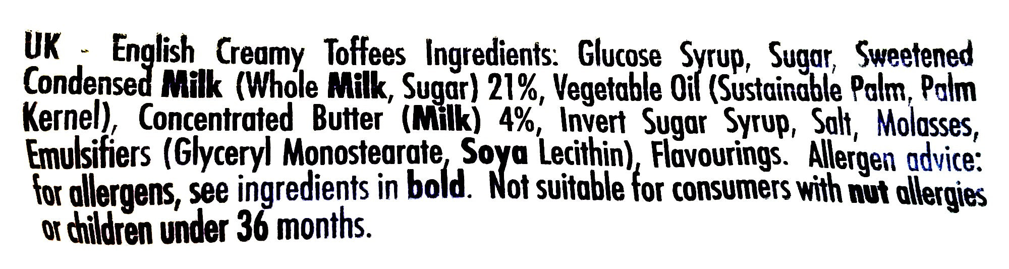Walker's Nonsuch English Creamy Toffees, 150g/5.3 oz., Bag, ingredients label.