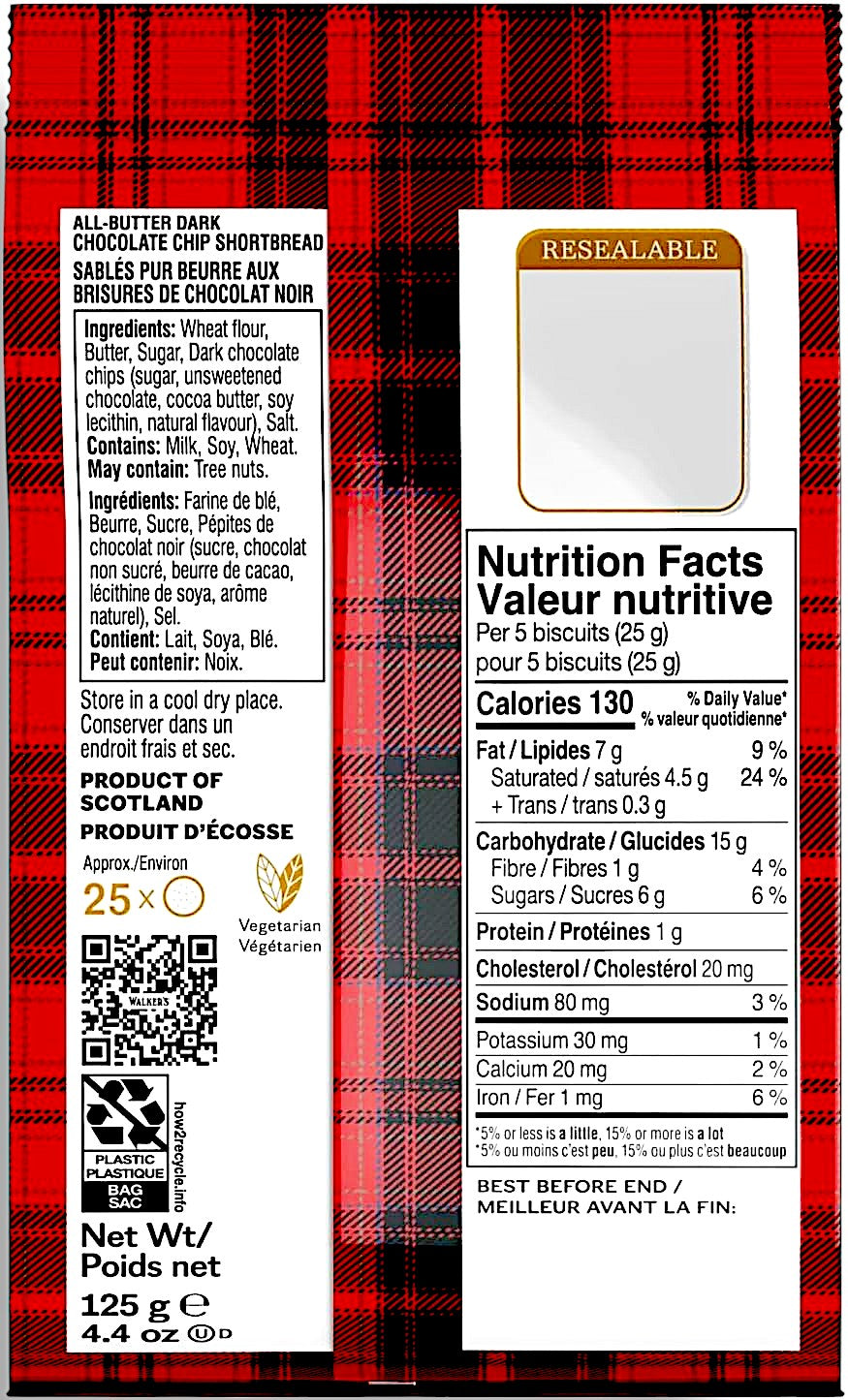 Walker's All-Butter Mini Chocolate Chip Shortbread, 125g/4.4 oz. Bag - Back