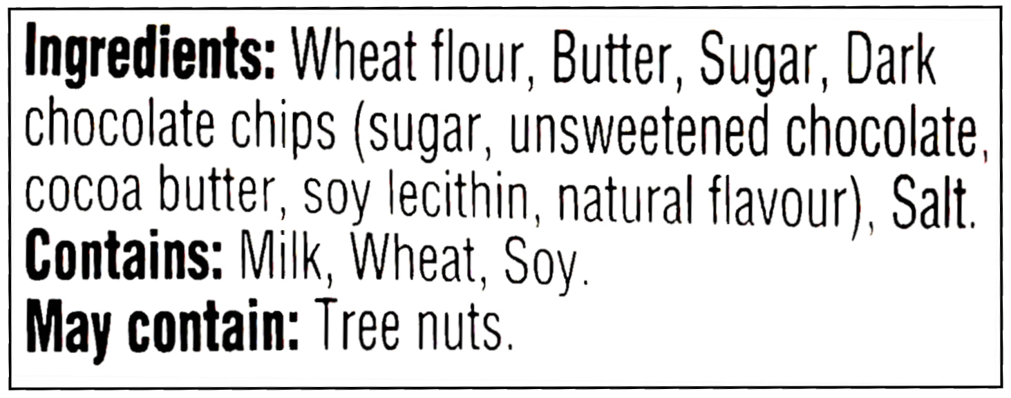 Walker's All-Butter Mini Chocolate Chip Shortbread, 125g/4.4 oz. Bag - Ingredients Label