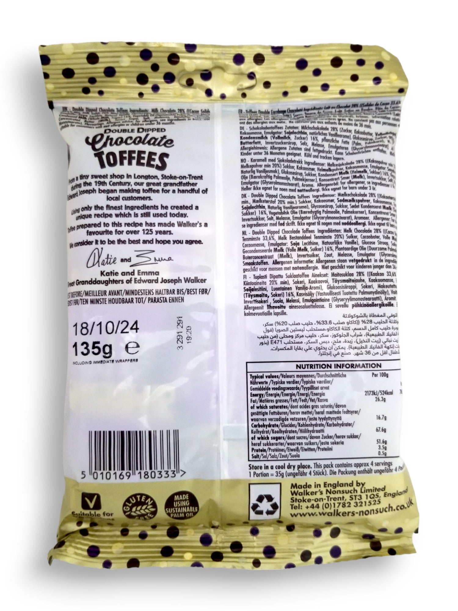 Walker's Nonsuch Double Dipped Chocolate Toffees, 135g/4.8 oz., Bag, back of bag.