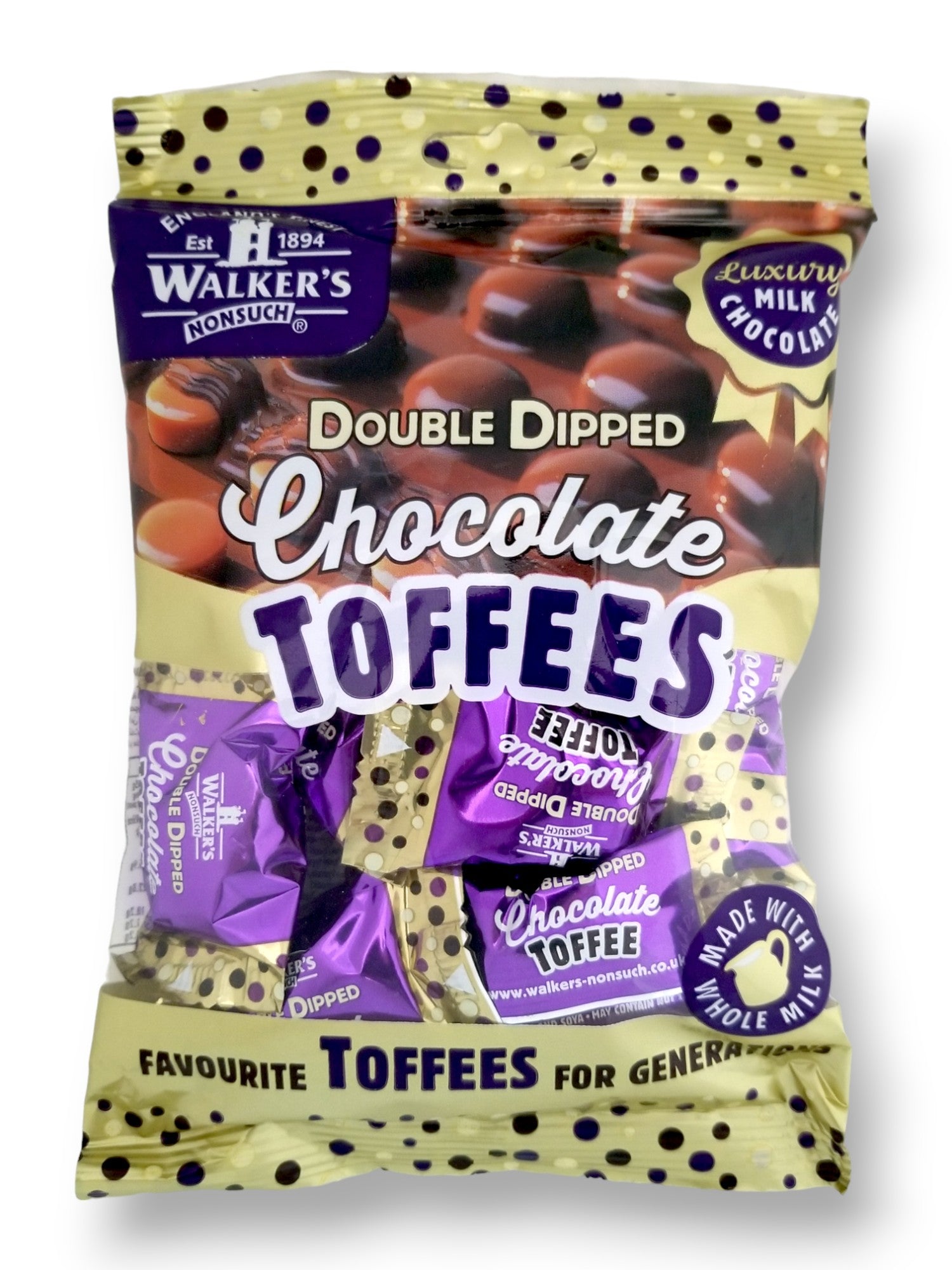 Walker's Nonsuch Double Dipped Chocolate Toffees, 135g/4.8 oz., Bag, front of bag.