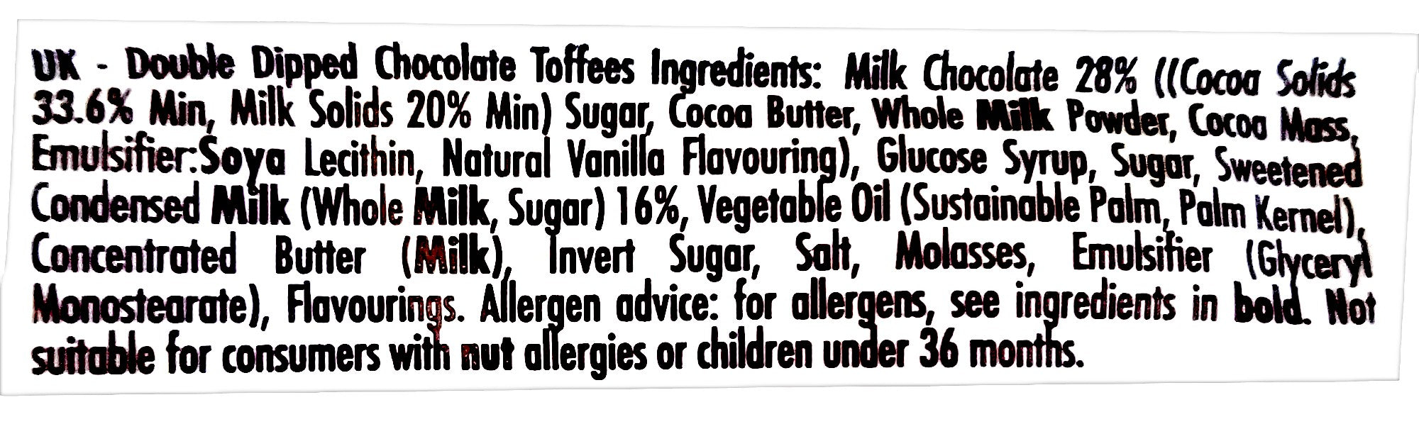 Walker's Nonsuch Double Dipped Chocolate Toffees, 135g/4.8 oz., Bag, ingredients label.