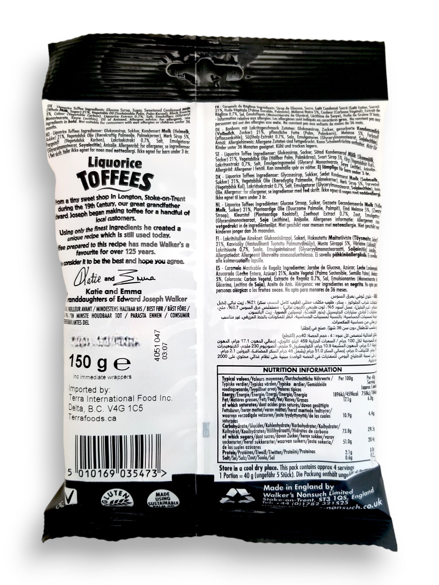 Walker's Nonsuch Liquorice Toffees, 150g/5.3 oz., Bag, back of bag.