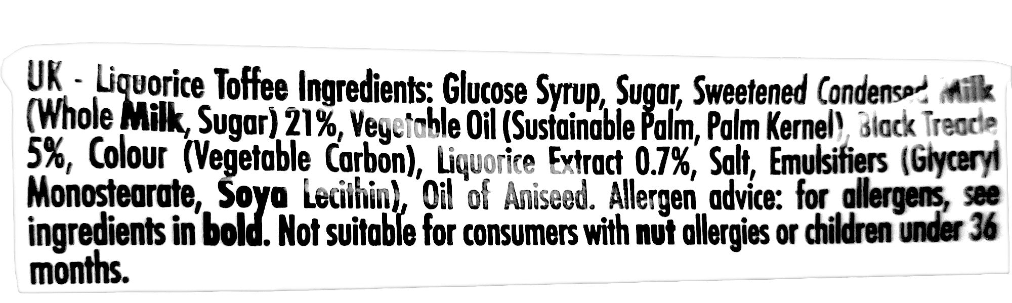 Walker's Nonsuch Liquorice Toffees, 150g/5.3 oz., Bag, ingredients label.