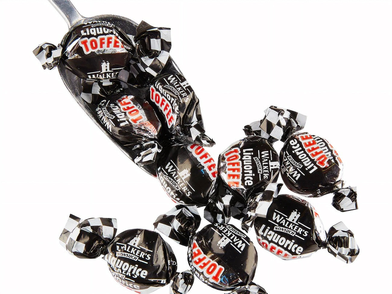 Walker's Nonsuch Liquorice Toffees, 150g/5.3 oz., Bag, liquorice toffees on a scoop.