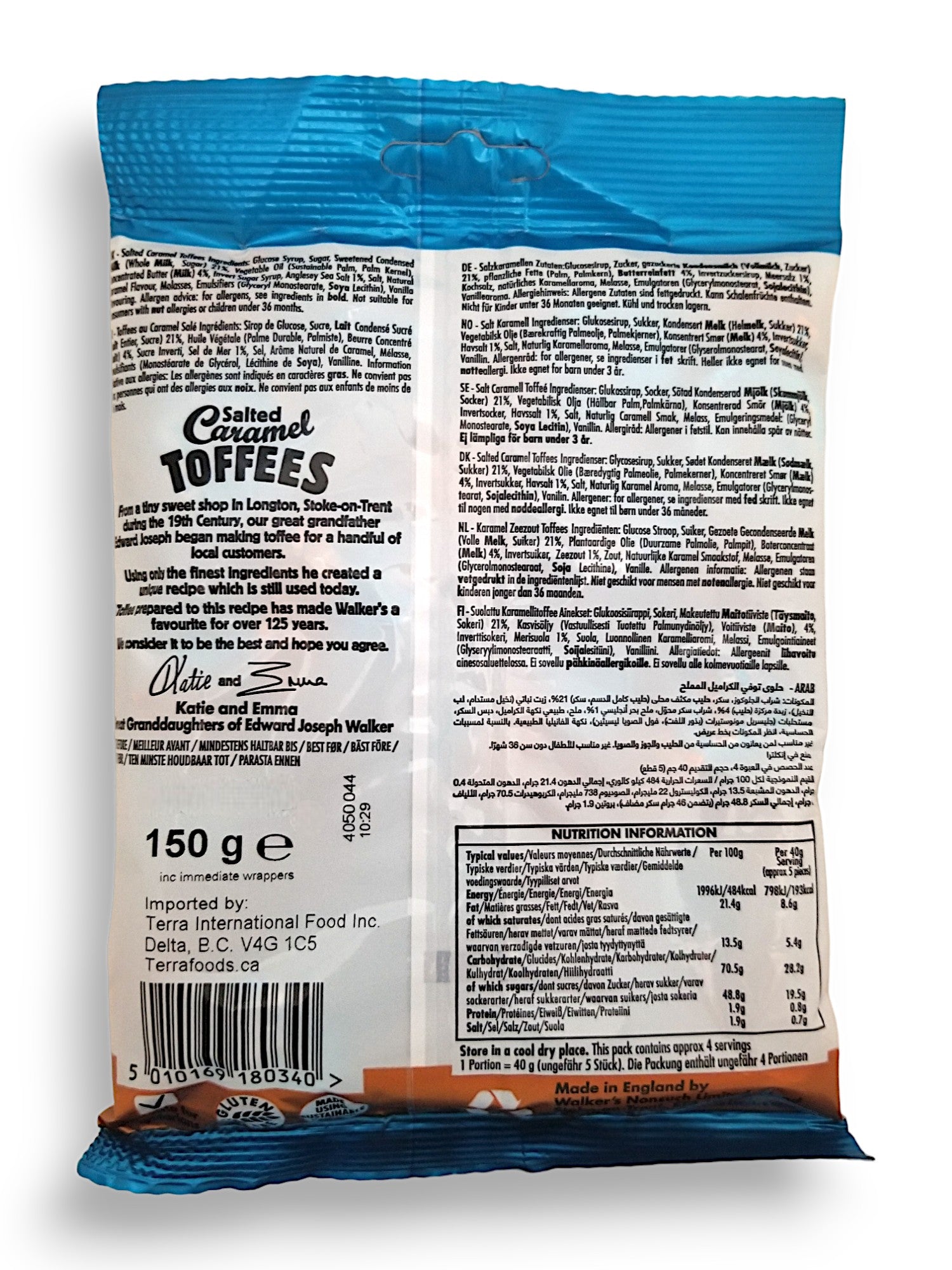 Walker's Nonsuch Salted Caramel Toffees, 150g/5.3 oz., Bag, back of bag.