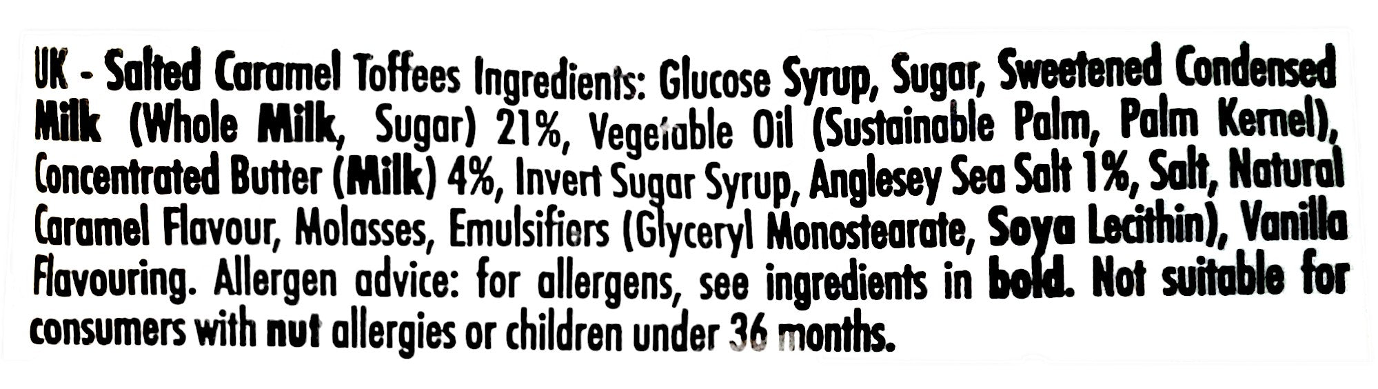 Walker's Nonsuch Salted Caramel Toffees, 150g/5.3 oz., Bag, ingredients label.