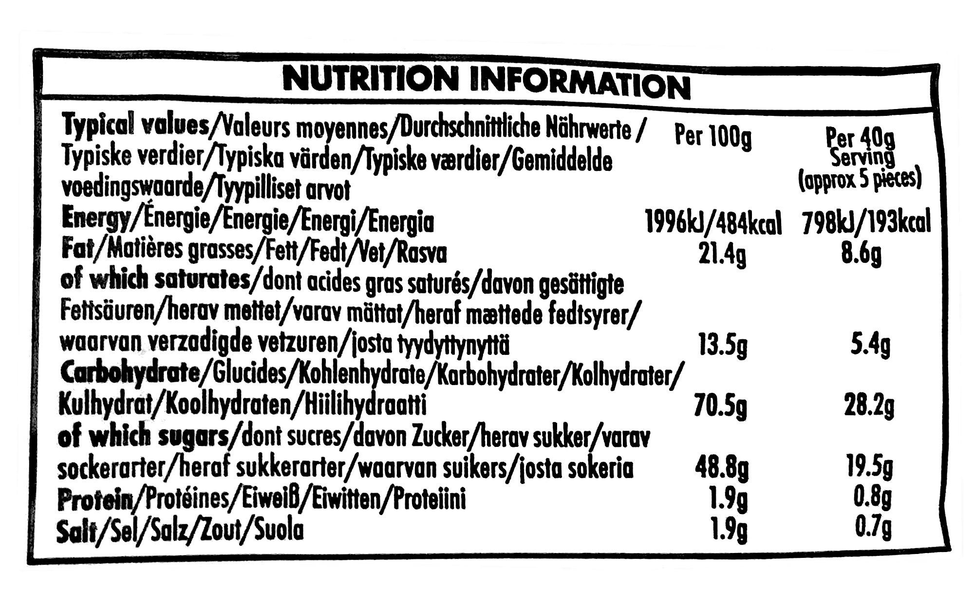 Walker's Nonsuch Salted Caramel Toffees, 150g/5.3 oz., Bag, nutrition facts label.