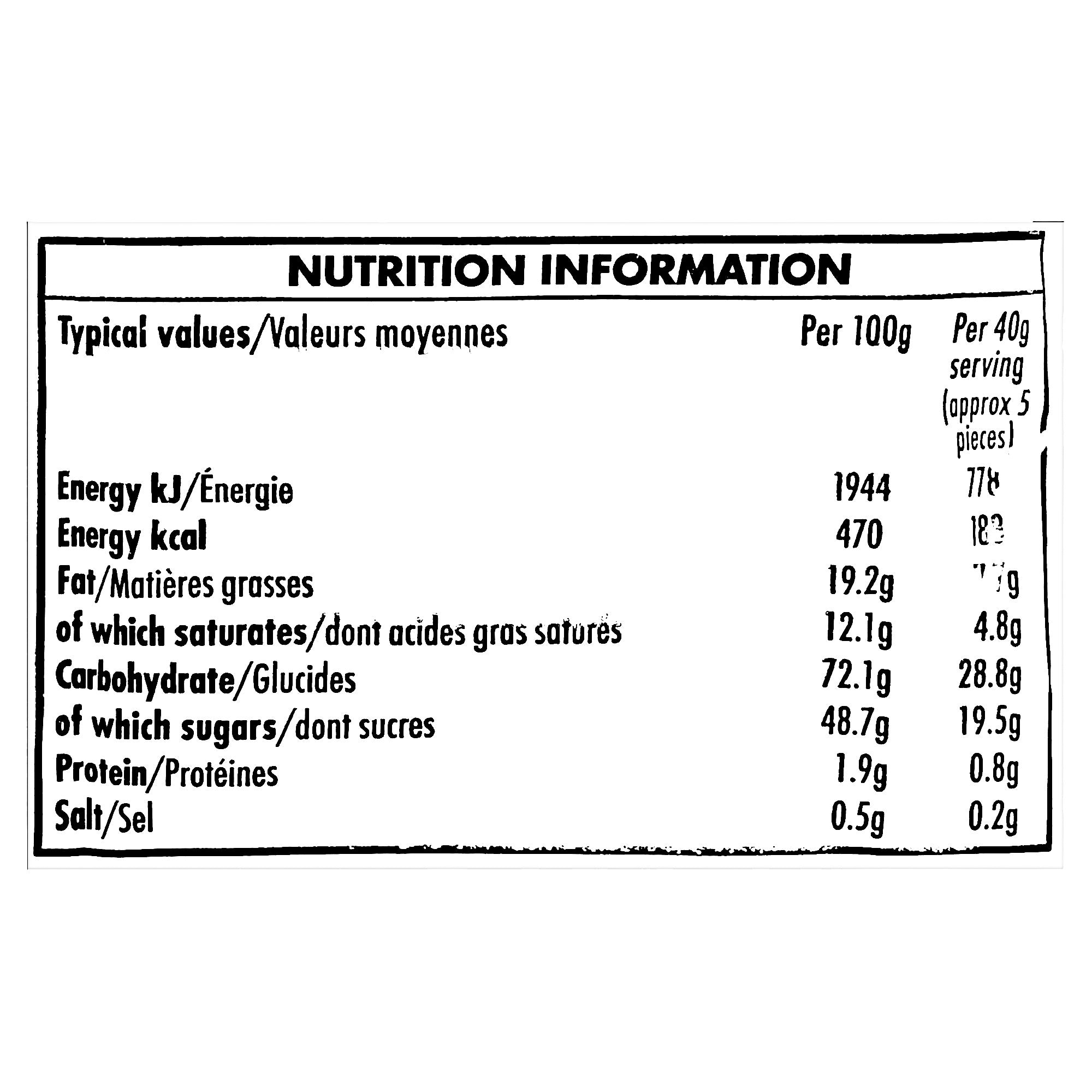 Walker's Nonsuch Treacle Toffees, 150g/5.3 oz., Bag, nutrition facts label.