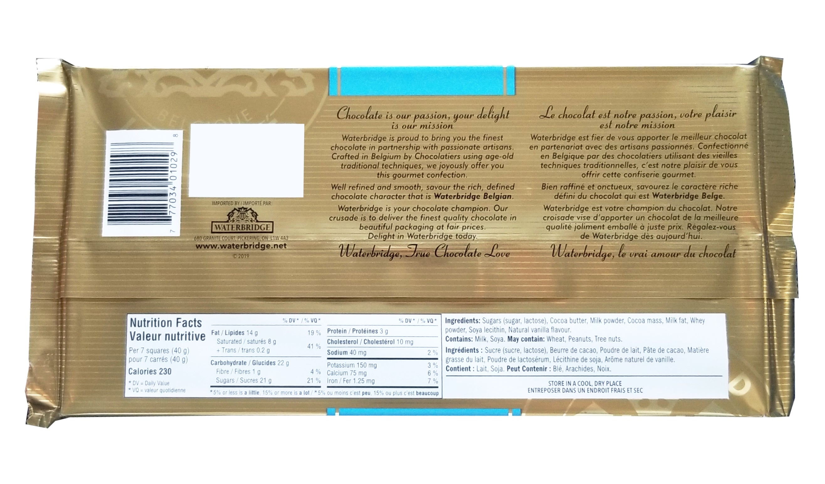 Waterbridge Belgian Extra Creamy Milk Chocolate Bar 400g/14.12 oz {Imported from Canada}