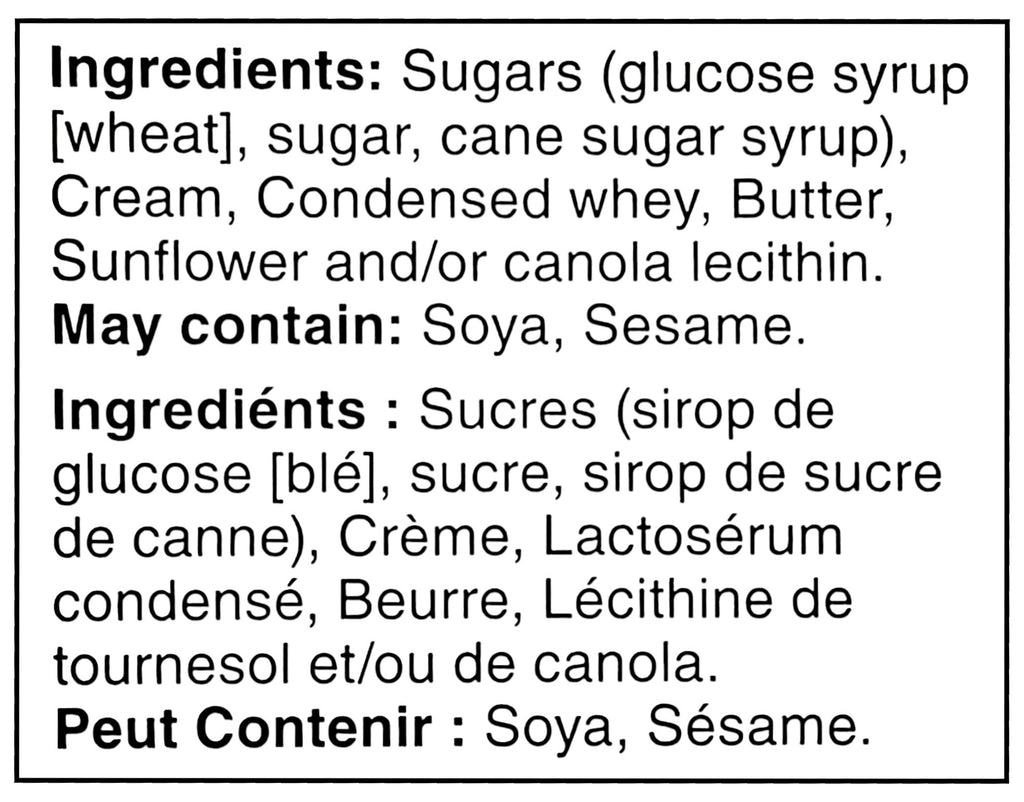 Ingredients label of Waterbridge Gold Butter Toffee Caramel Candy, 150g/5.3 oz., Box