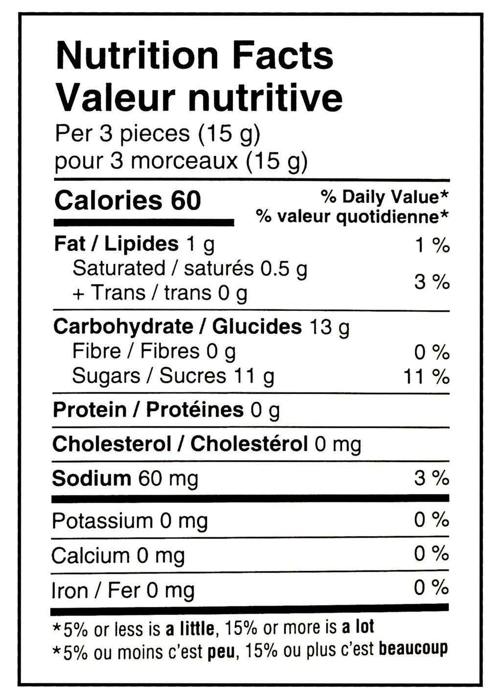 Nutrition facts label of Waterbridge Gold Butter Toffee Caramel Candy, 150g/5.3 oz., Box