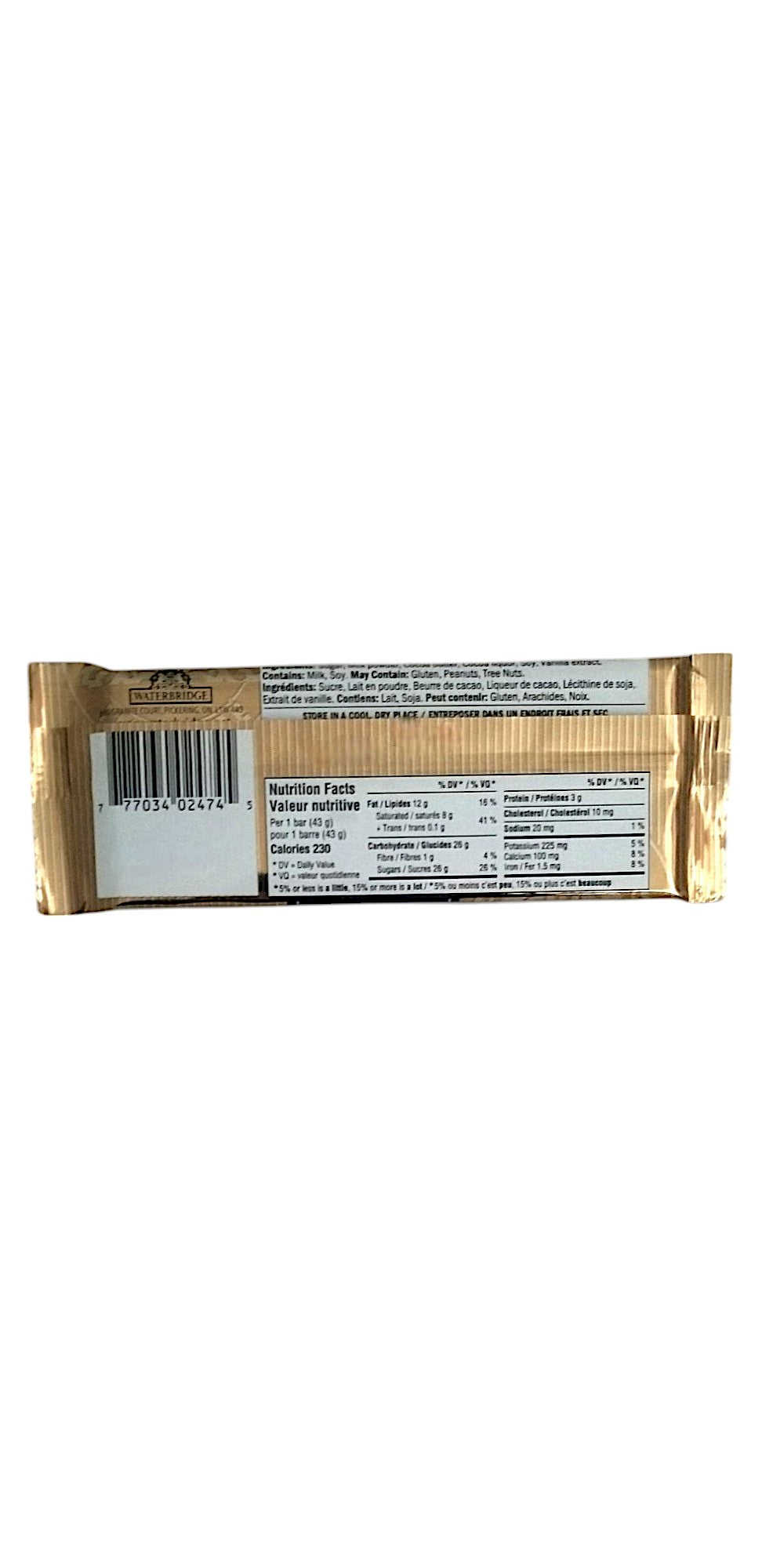 Waterbridge Milk Chocolate Bar 43g/1.5 oz.