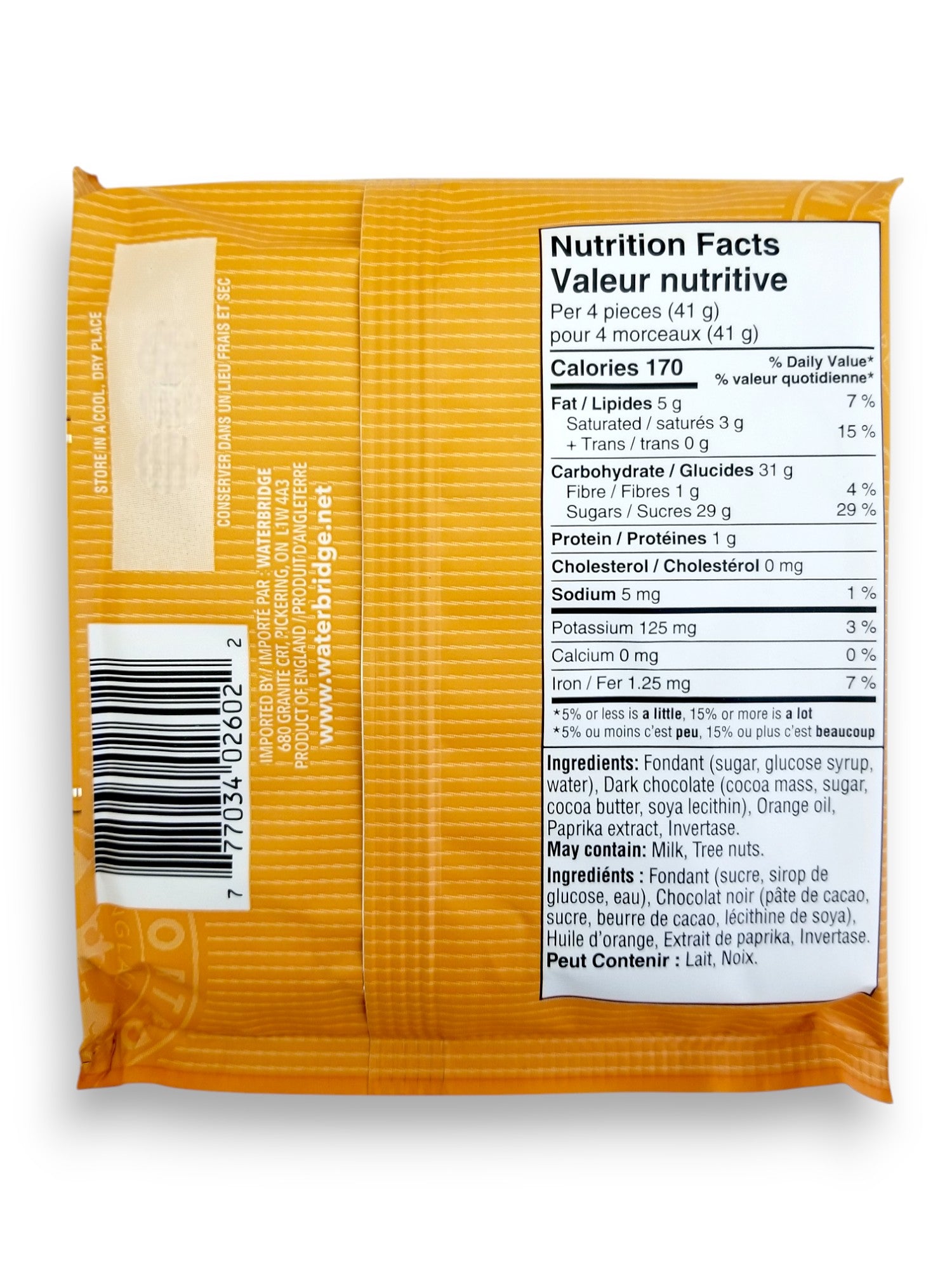 Back of Waterbridge Orange Creams, 90g/3.2 oz., Bar