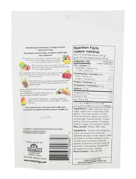 Nutrition facts label and ingredient list for Waterbridge The Mix Funmix Sour Gummies 175g packaging back