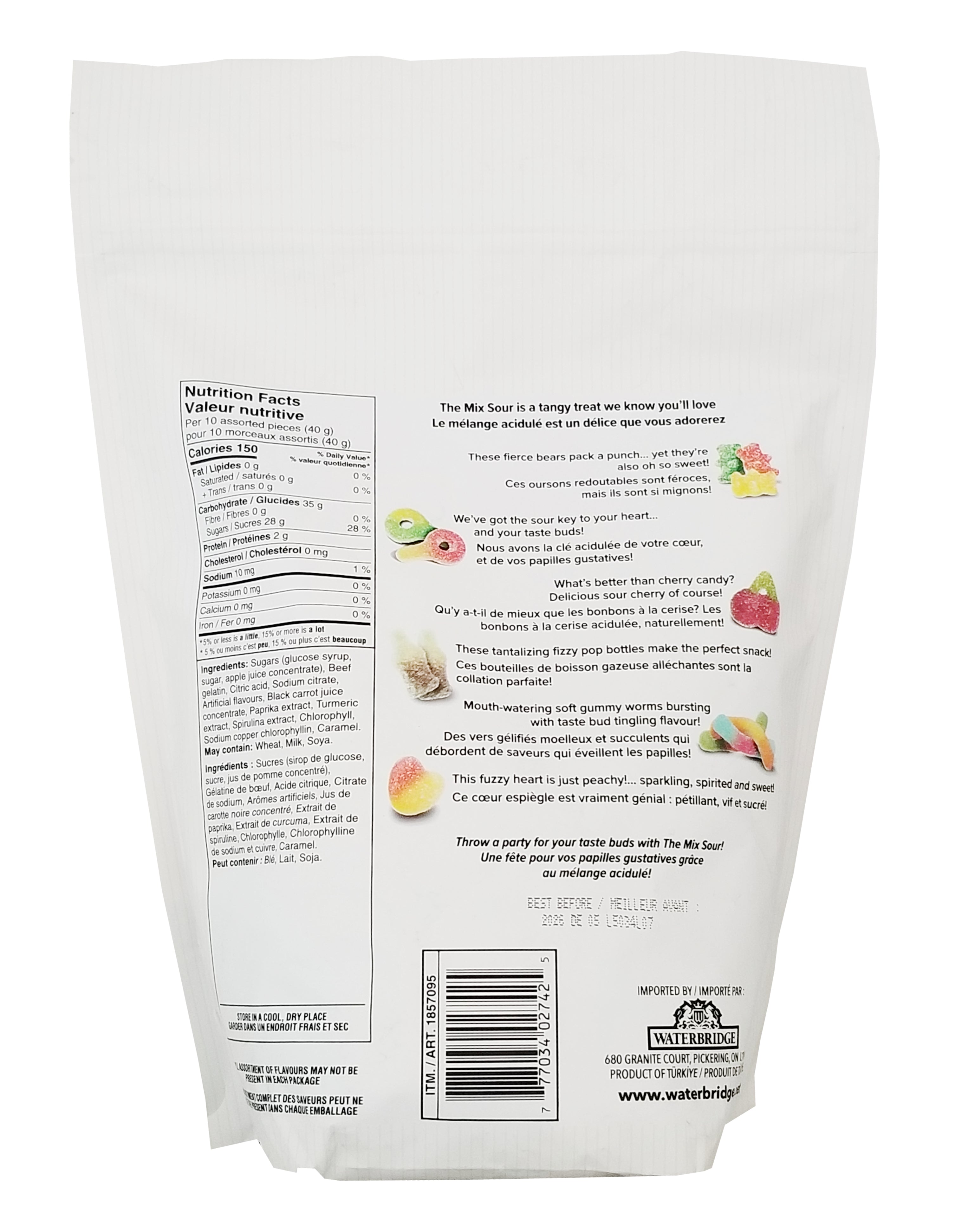 Waterbridge The Mix Sour, Assorted, 1.3kg/45.9 oz, Back - Bag of Waterbridge gummy mix with colorful gummy candies on a white background