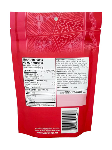 Waterbridge Aussie Style Soft Licourice, Gummy Candy, 200g, back of bag.