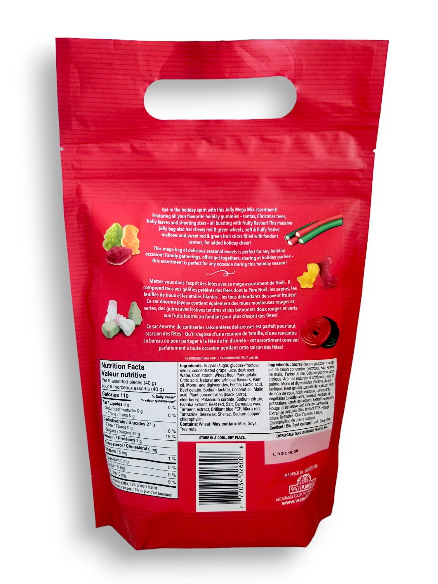 Waterbridge Jollymix, Sweet Fruit Flavored Gummy Candy, 700g, back of bag.
